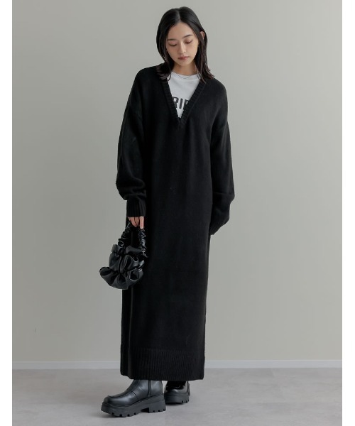 [低身長サイズ有][体型カバー][洗濯機で洗える]Vネックブークレニットワンピース（ワンピース）｜Re:EDIT（リエディ）