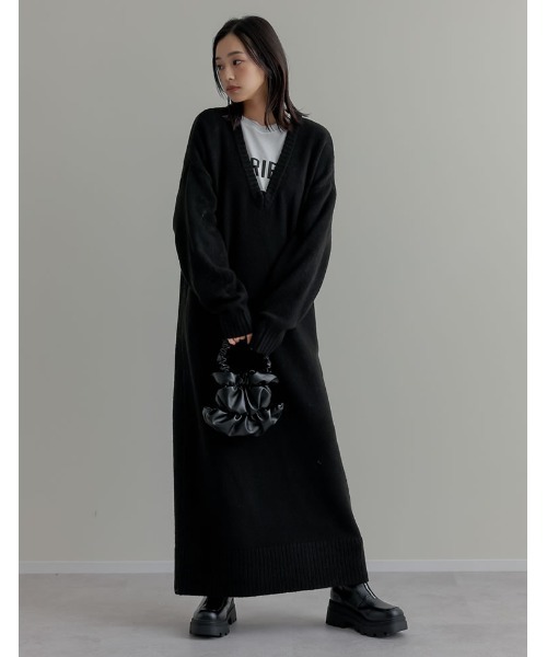 [低身長サイズ有][体型カバー][洗濯機で洗える]Vネックブークレニットワンピース（ワンピース）｜Re:EDIT（リエディ）