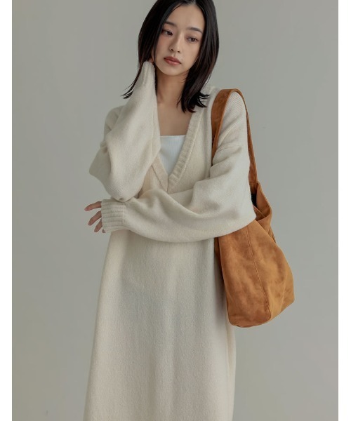 [低身長サイズ有][体型カバー][洗濯機で洗える]Vネックブークレニットワンピース（ワンピース）｜Re:EDIT（リエディ）