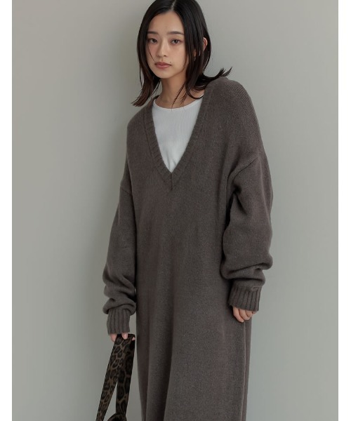 [低身長サイズ有][体型カバー][洗濯機で洗える]Vネックブークレニットワンピース（ワンピース）｜Re:EDIT（リエディ）