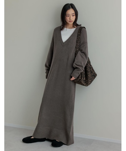 [低身長サイズ有][体型カバー][洗濯機で洗える]Vネックブークレニットワンピース（ワンピース）｜Re:EDIT（リエディ）