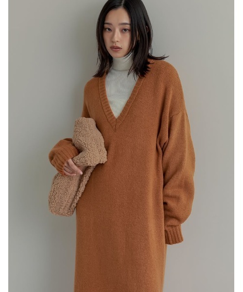 [低身長サイズ有][体型カバー][洗濯機で洗える]Vネックブークレニットワンピース（ワンピース）｜Re:EDIT（リエディ）