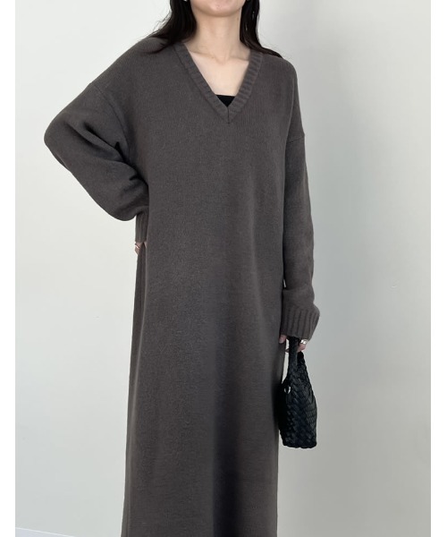 [低身長サイズ有][体型カバー][洗濯機で洗える]Vネックブークレニットワンピース（ワンピース）｜Re:EDIT（リエディ）