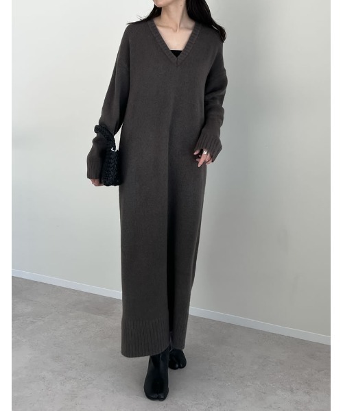 [低身長サイズ有][体型カバー][洗濯機で洗える]Vネックブークレニットワンピース（ワンピース）｜Re:EDIT（リエディ）