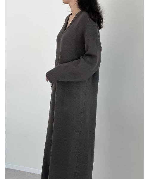 [低身長サイズ有][体型カバー][洗濯機で洗える]Vネックブークレニットワンピース（ワンピース）｜Re:EDIT（リエディ）