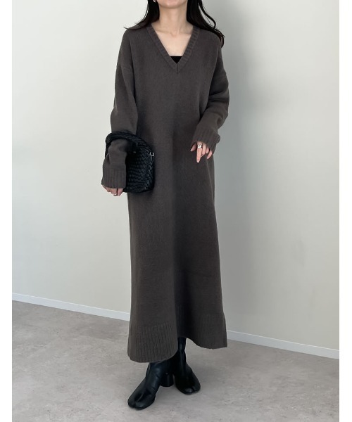 [低身長サイズ有][体型カバー][洗濯機で洗える]Vネックブークレニットワンピース（ワンピース）｜Re:EDIT（リエディ）