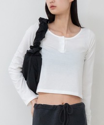 ヘンリーネックロングTシャツ / 長袖 ロンT クロップド ショート丈 カットソー レディース 白 黒 グレー 秋服 冬服 春服 透け感