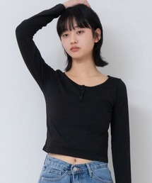 ヘンリーネックロングTシャツ / 長袖 ロンT クロップド ショート丈 カットソー レディース 白 黒 グレー 秋服 冬服 春服 透け感