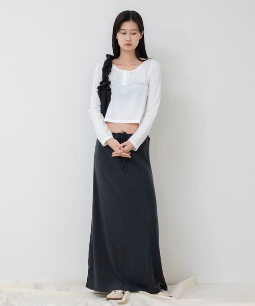 L'Appartement ヘンリーネック ショート丈 ワイドカットソー ヘンリーネックロングTシャツ / ロンT クロップド ショート丈