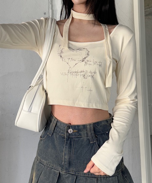 lilful(リルフル)の「スカーフ付 コンパクトフロントプリントロンT(Tシャツ/カットソー・レディース・アイボリー/グレー・L/M/S)」の7枚目の写真