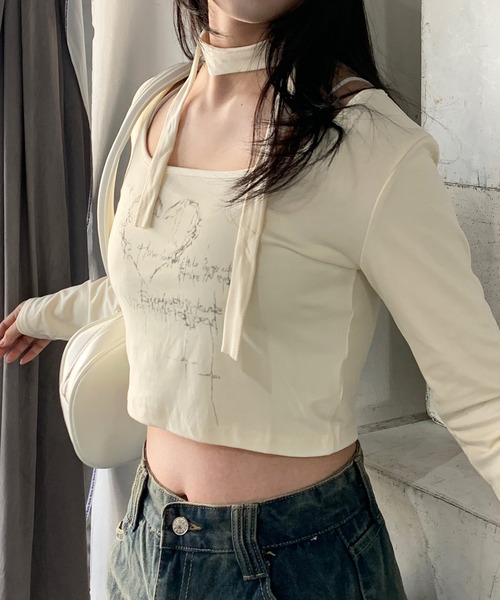 lilful(リルフル)の「スカーフ付 コンパクトフロントプリントロンT(Tシャツ/カットソー・レディース・アイボリー/グレー・L/M/S)」の8枚目の写真
