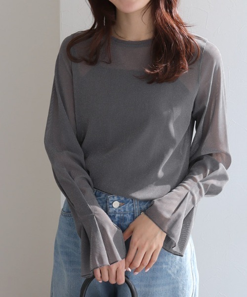 Pierrot(ピエロ)の「クルーネックフレアスリーブシアーカットソー(Tシャツ/カットソー・レディース・ブラック系その他/ブルー系その他/グレー系その他/アイボリー系/ブラック系その他2・L/M)」の3枚目の写真