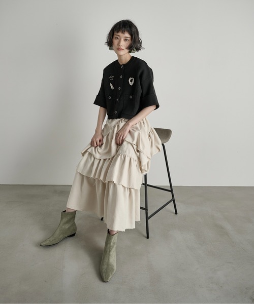 THE YOn（ザヨン）の「ゴム編み半袖クロップドニットカーディガン（カーディガン/ボレロ・レディース・ベージュ/オレンジ/アイボリー/ブラック/ボルドー・FREE）」の9枚目の写真