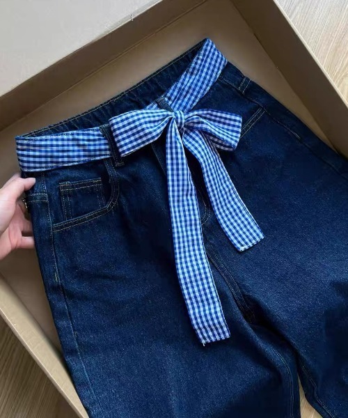 GEMEDA（ジェメダ）の「パッチワークチェック柄ルーズワイドデニムパンツ（デニムパンツ・レディース・ネイビー/ホワイト・L/M/S）」の9枚目の写真