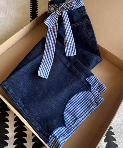GEMEDA（ジェメダ）の「パッチワークチェック柄ルーズワイドデニムパンツ（デニムパンツ・レディース・ネイビー/ホワイト・L/M/S）」の13枚目の写真