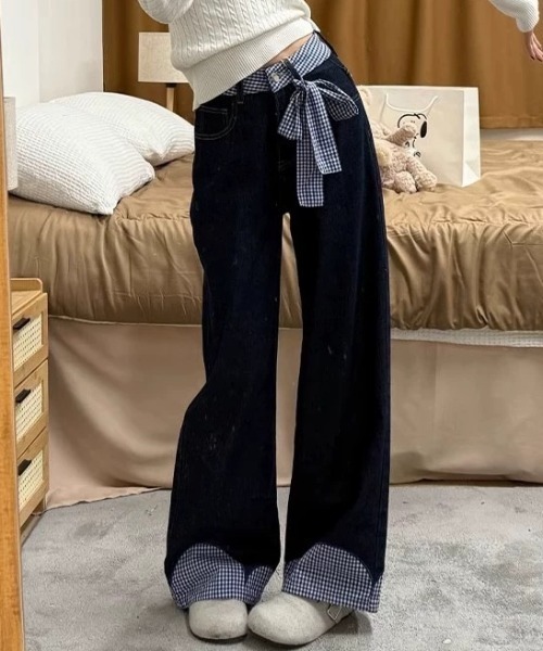 GEMEDA（ジェメダ）の「パッチワークチェック柄ルーズワイドデニムパンツ（デニムパンツ・レディース・ネイビー/ホワイト・L/M/S）」の3枚目の写真