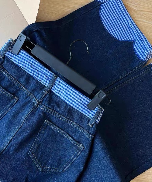 GEMEDA（ジェメダ）の「パッチワークチェック柄ルーズワイドデニムパンツ（デニムパンツ・レディース・ネイビー/ホワイト・L/M/S）」の15枚目の写真