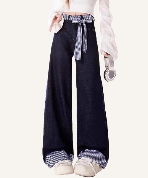 GEMEDA（ジェメダ）の「パッチワークチェック柄ルーズワイドデニムパンツ（デニムパンツ・レディース・ネイビー/ホワイト・L/M/S）」の7枚目の写真