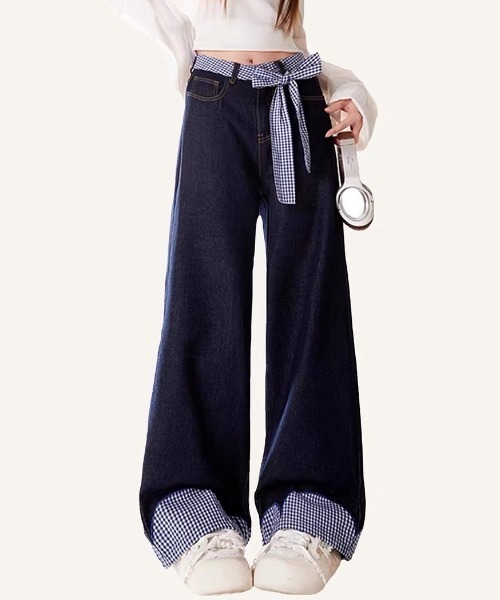 GEMEDA（ジェメダ）の「パッチワークチェック柄ルーズワイドデニムパンツ（デニムパンツ・レディース・ネイビー/ホワイト・L/M/S）」の5枚目の写真