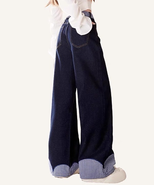 GEMEDA（ジェメダ）の「パッチワークチェック柄ルーズワイドデニムパンツ（デニムパンツ・レディース・ネイビー/ホワイト・L/M/S）」の6枚目の写真