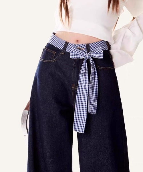 GEMEDA（ジェメダ）の「パッチワークチェック柄ルーズワイドデニムパンツ（デニムパンツ・レディース・ネイビー/ホワイト・L/M/S）」の8枚目の写真