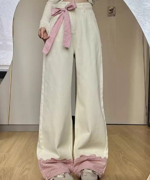 GEMEDA（ジェメダ）の「パッチワークチェック柄ルーズワイドデニムパンツ（デニムパンツ・レディース・ネイビー/ホワイト・L/M/S）」の16枚目の写真