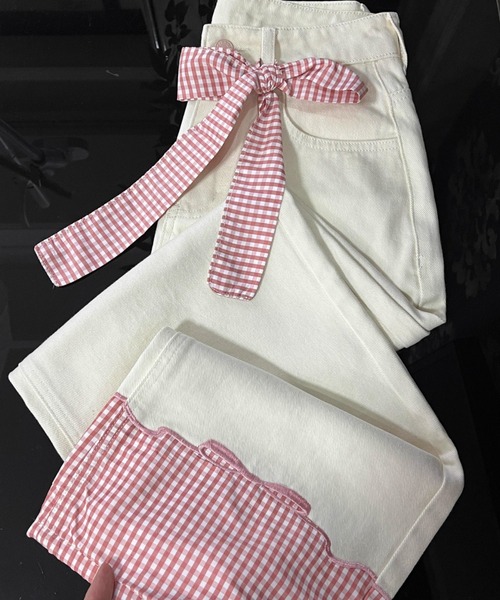 GEMEDA（ジェメダ）の「パッチワークチェック柄ルーズワイドデニムパンツ（デニムパンツ・レディース・ネイビー/ホワイト・L/M/S）」の21枚目の写真