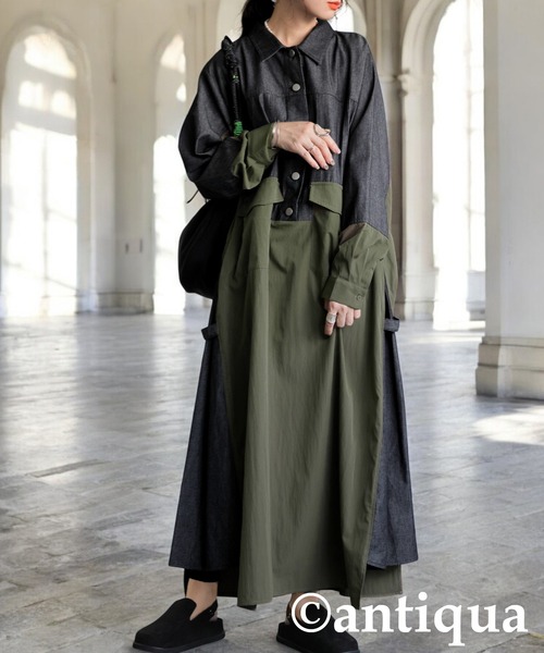antiqua(アンティカ)の「デニムシャツワンピース(シャツワンピース・レディース・カーキ/ブラック・ONESIZE)」の2枚目の写真