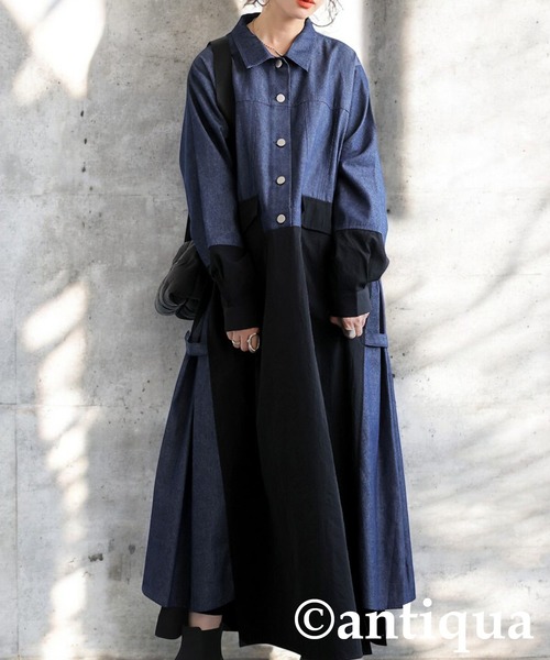antiqua(アンティカ)の「デニムシャツワンピース(シャツワンピース・レディース・カーキ/ブラック・ONESIZE)」の1枚目の写真