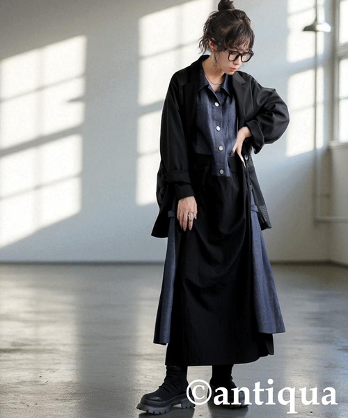 antiqua(アンティカ)の「デニムシャツワンピース(シャツワンピース・レディース・カーキ/ブラック・ONESIZE)」の3枚目の写真