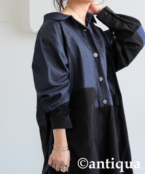 antiqua(アンティカ)の「デニムシャツワンピース(シャツワンピース・レディース・カーキ/ブラック・ONESIZE)」の4枚目の写真
