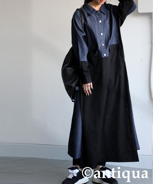 antiqua(アンティカ)の「デニムシャツワンピース(シャツワンピース・レディース・カーキ/ブラック・ONESIZE)」の8枚目の写真