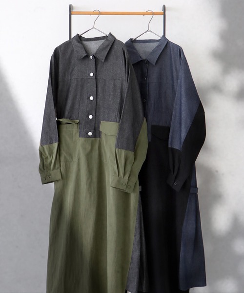 antiqua(アンティカ)の「デニムシャツワンピース(シャツワンピース・レディース・カーキ/ブラック・ONESIZE)」の15枚目の写真