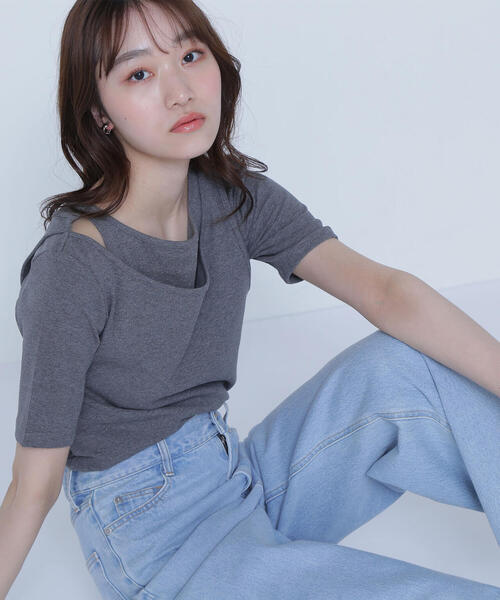 NATURAL BEAUTY BASIC（ナチュラルビューティーベーシック）の「◇レイヤードデザインカットソー（Tシャツ/カットソー・レディース・チャコールグレー/ブラック/カーキ・FREE）」の3枚目の写真