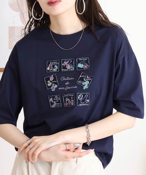ブローディア BRODIAEA プレミアムコットン ロゴ半袖Tシャツ （マスタード） セール】BRODIAEA 切手モチーフ刺繍半袖Tシャツ（Tシャツ