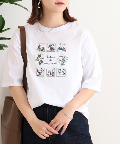 BRODIAEA 切手モチーフ刺繍半袖Tシャツ（Tシャツ/カットソー