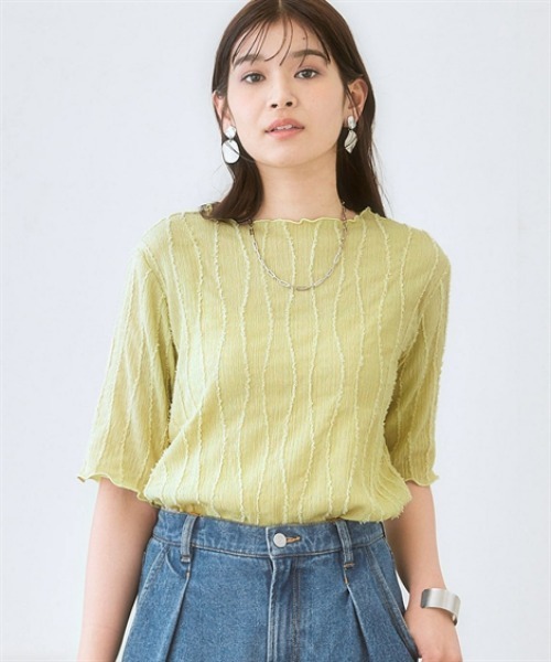 nissen（ニッセン）の「シャギージャガード5分袖カットソートップス（Tシャツ/カットソー・レディース・ライム/ブラック/オフホワイト・S/M/L/LL）」の3枚目の写真