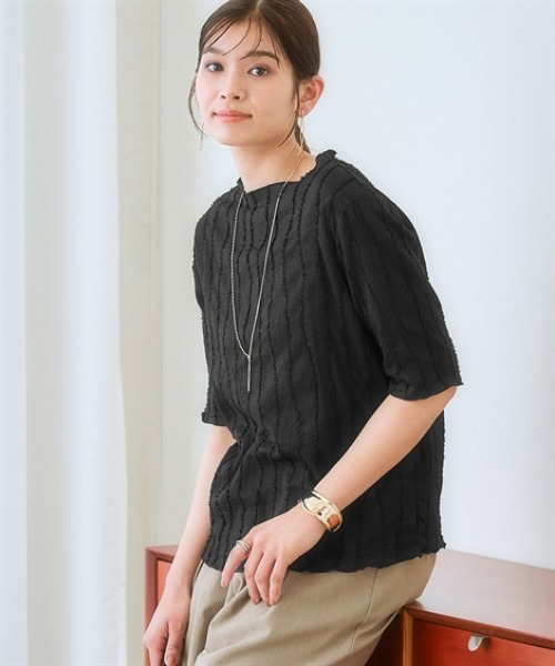 nissen（ニッセン）の「シャギージャガード5分袖カットソートップス（Tシャツ/カットソー・レディース・ライム/ブラック/オフホワイト・S/M/L/LL）」の2枚目の写真