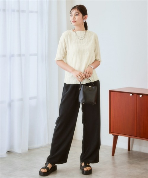 nissen（ニッセン）の「シャギージャガード5分袖カットソートップス（Tシャツ/カットソー・レディース・ライム/ブラック/オフホワイト・S/M/L/LL）」の4枚目の写真