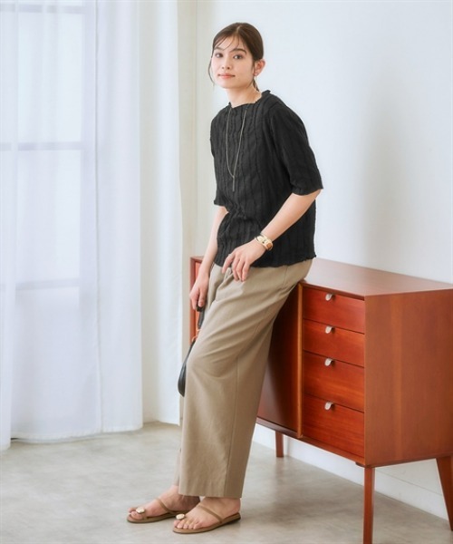 nissen（ニッセン）の「シャギージャガード5分袖カットソートップス（Tシャツ/カットソー・レディース・ライム/ブラック/オフホワイト・S/M/L/LL）」の5枚目の写真