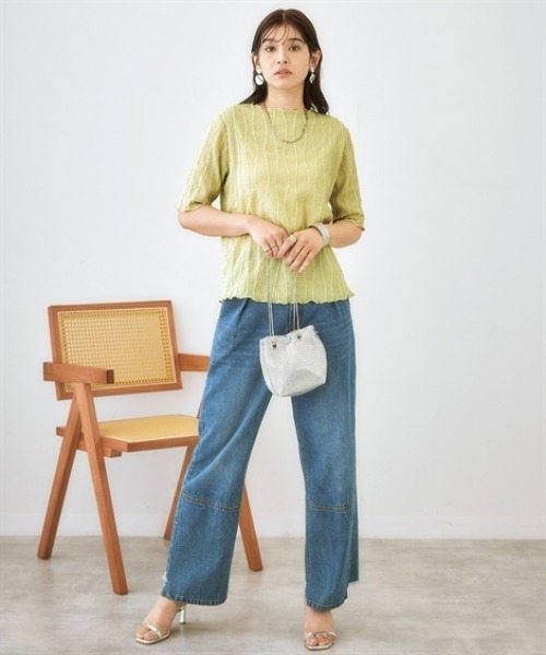 nissen（ニッセン）の「シャギージャガード5分袖カットソートップス（Tシャツ/カットソー・レディース・ライム/ブラック/オフホワイト・S/M/L/LL）」の6枚目の写真