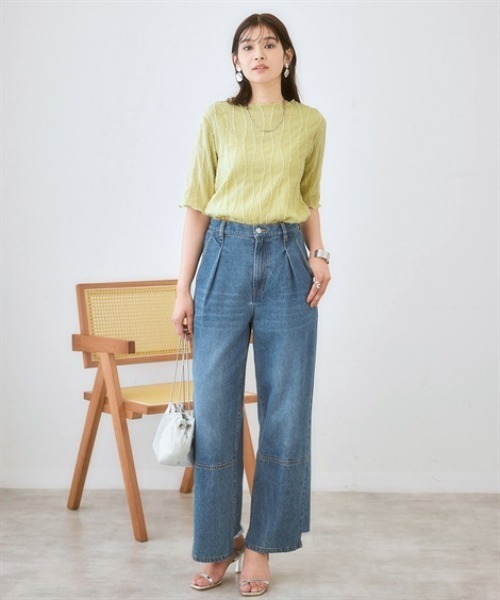 nissen（ニッセン）の「シャギージャガード5分袖カットソートップス（Tシャツ/カットソー・レディース・ライム/ブラック/オフホワイト・S/M/L/LL）」の7枚目の写真