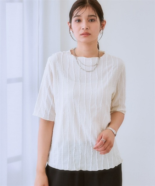 nissen（ニッセン）の「シャギージャガード5分袖カットソートップス（Tシャツ/カットソー・レディース・ライム/ブラック/オフホワイト・S/M/L/LL）」の8枚目の写真