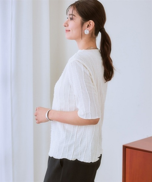 nissen（ニッセン）の「シャギージャガード5分袖カットソートップス（Tシャツ/カットソー・レディース・ライム/ブラック/オフホワイト・S/M/L/LL）」の9枚目の写真