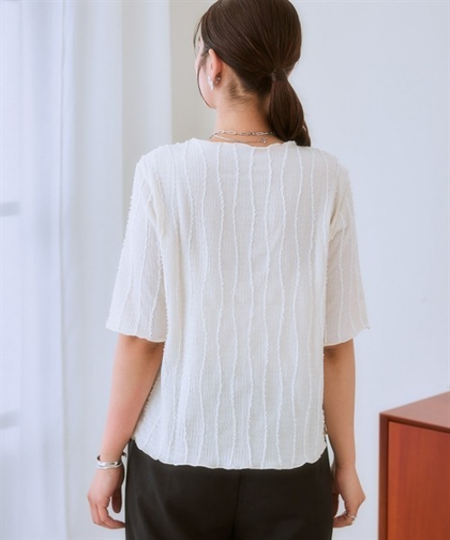 nissen（ニッセン）の「シャギージャガード5分袖カットソートップス（Tシャツ/カットソー・レディース・ライム/ブラック/オフホワイト・S/M/L/LL）」の10枚目の写真