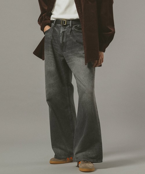 12oz/ヴィンテージライクバギーデニムワイドフレアパンツ（デニム