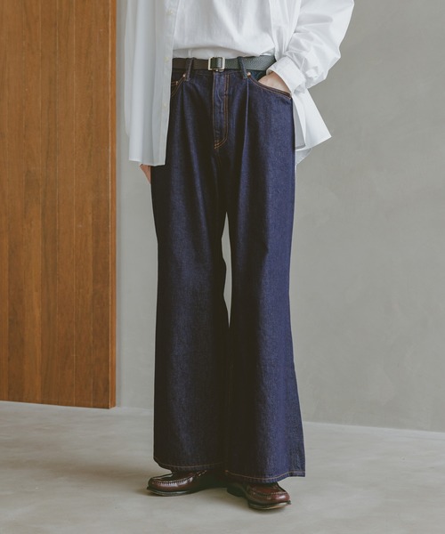 12oz/ヴィンテージライクバギーデニムワイドフレアパンツ（デニム
