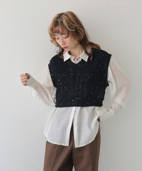 CLEIO(クレイオ)の「【CLEIO】スパンコールミックスニットベスト SEQUIN MIX KNIT VEST/986-13613(ベスト・レディース・レモンイエロー/ブラック/アイボリー・FREE)」の1枚目の写真