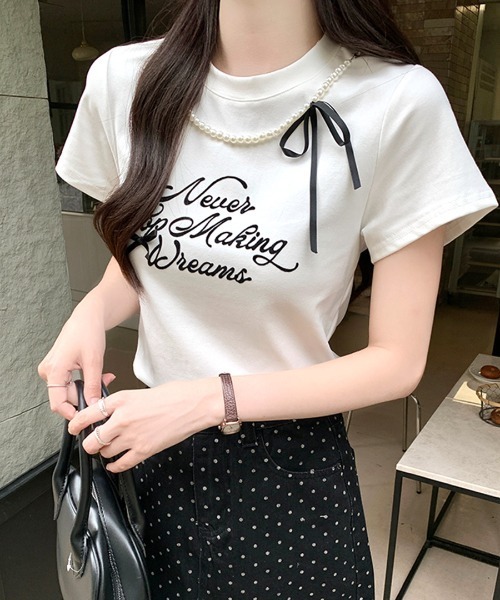 Riff（リフ）の「パールリボン付き半袖ロゴTシャツ（Tシャツ/カットソー・レディース・ブラック/アイボリー・M）」の2枚目の写真
