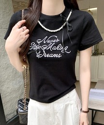 パールリボン付き半袖ロゴTシャツ